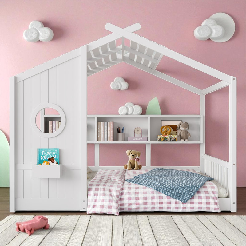 Lit sur pied en bois avec tablettes de rangement, Double, Blanc
