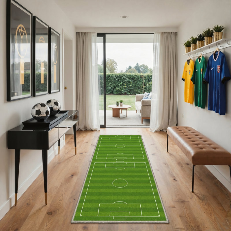 Geometric Soccer Field Emerald Green Indoor Area Rug With Non-Slip Backing, Runner 2'3" x 6'