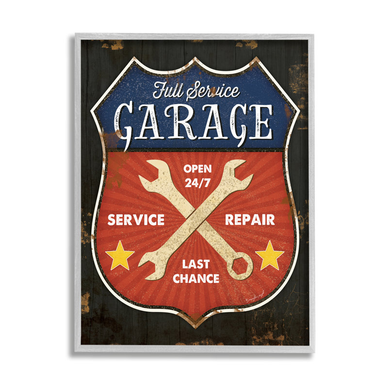 Ae-844 " Full Service Garage Sign Rustic Americana Highway Symbol ", Farmhouse Grey Framed Giclee, 30" H x 24" W x 1.5" D
