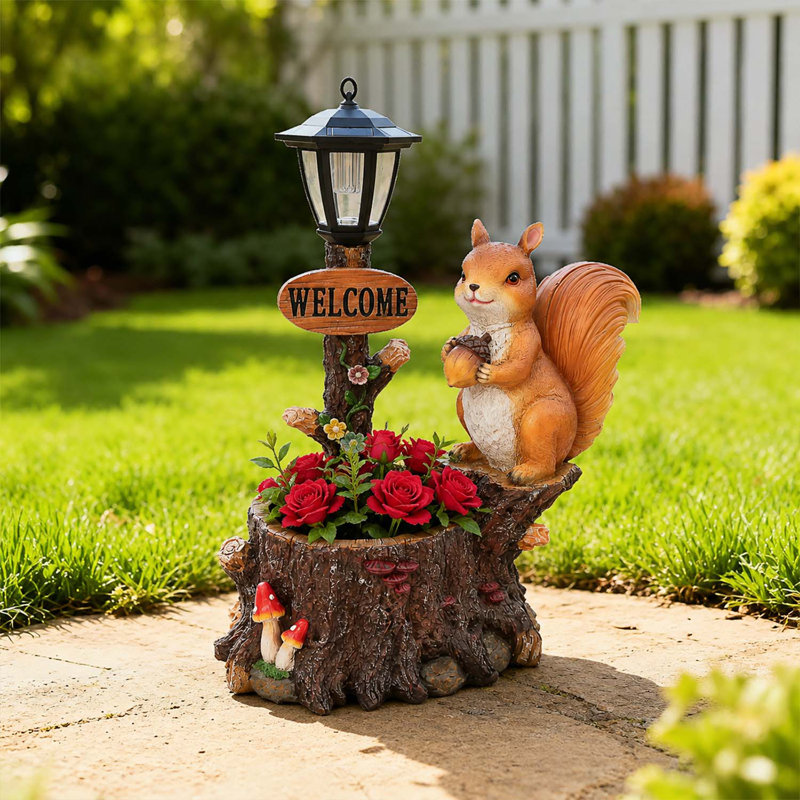 Mignon pot de fleurs écureuil avec lanterne décorative - figurine en polyrésine pour l'extérieur