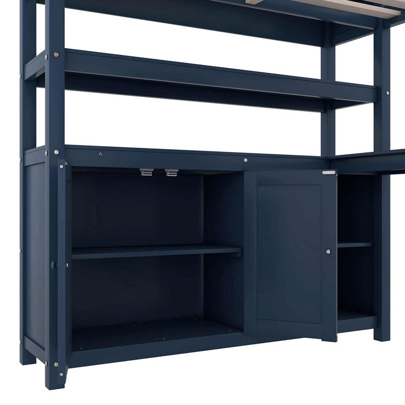 Loft double en bois avec garde-robe et bureau pour enfants, Bleu très foncé