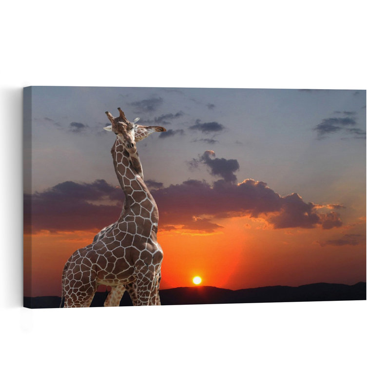 Two Giraffes Sunset Sky Dramatic Peaceful Romantic Giraffe Landscape Nature Wall Art Print 1 Piece Wrapped Canvas Wall Art