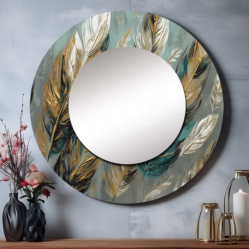 Parvashi plume dorée Extravaganza I - miroir mural plume Glam, miroir décoratif rond moderne, impression d'art en métal