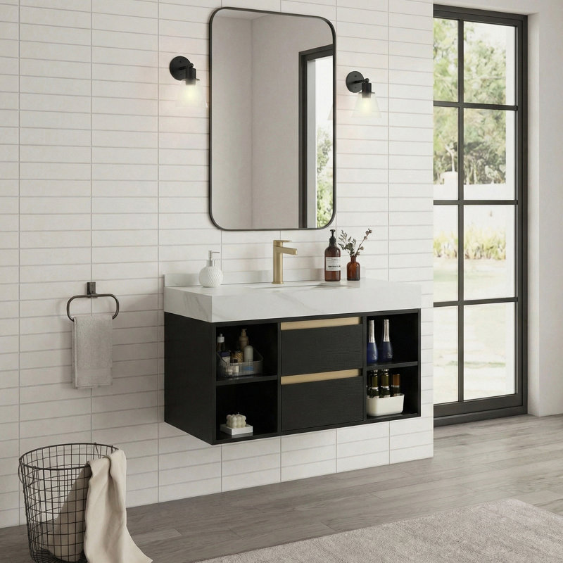 Meuble-lavabo flottant moderne avec plateau en pierre brunie et poignées dorées 39,4 po Gorana
