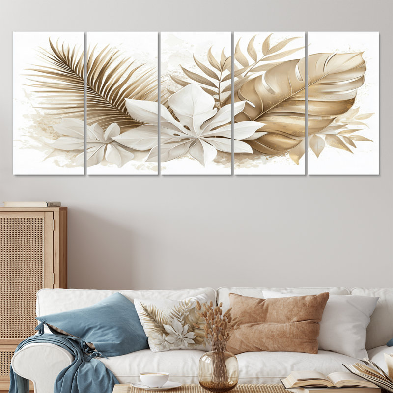 «Reflection Tropical Gray Leaves II - Plants», ensemble d'art sur toile, H 32 po x l 80 po