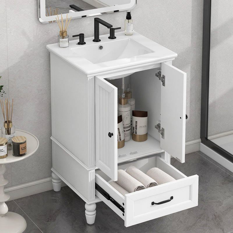 Meuble-lavabo de 20 po avec lavabo, armoire de salle de bain avec deux portes, butoir de porte magnétique et patins réglables, tiroir blanc
