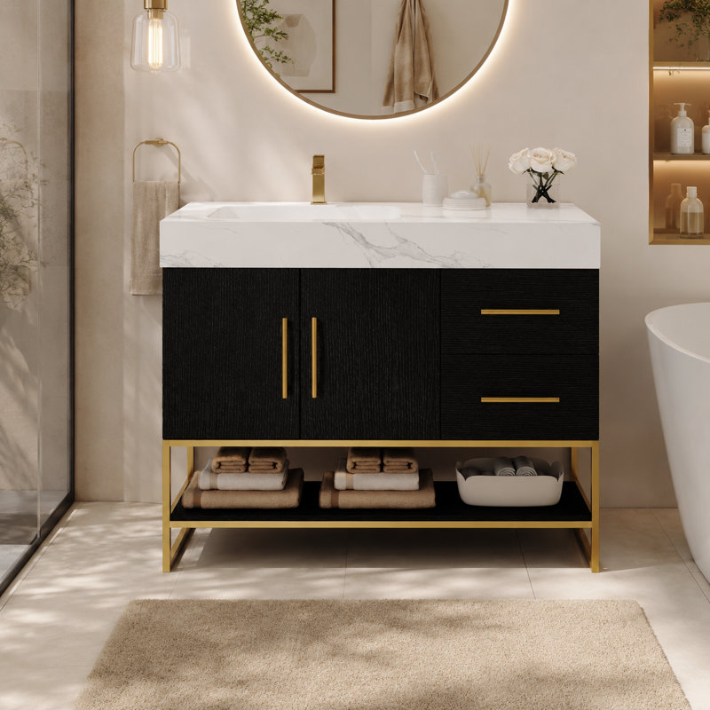 Meuble-lavabo Heywood avec lavabo en céramique et plateau en pierre frittée., Black