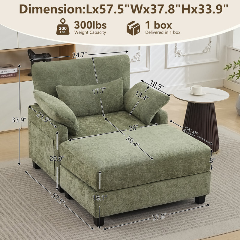 37.8" W Upholstered Chenille Armchair with Ottoman, Green