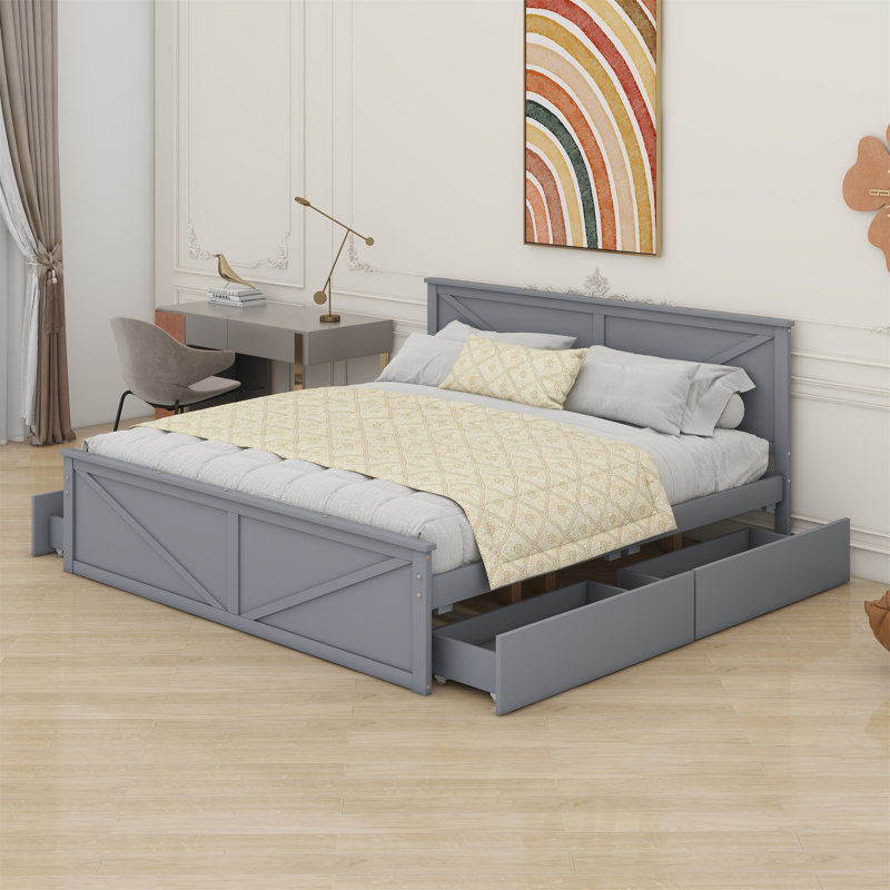 Lit plateforme avec quatre tiroirs de rangement et pieds de support, Très grand lit, Gris