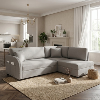 85.1" Modern Convertible Sleeper Sectional Sofa with Pull-Out Bed Side Pocket and Usb Port Sherpa Fleece Upholstered