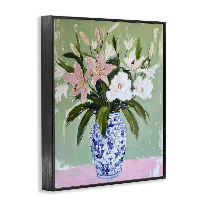 Ensemble de lis dans un vase chinois, estampe numérique, design par Petal Prints Design, Giclée encadrée noir minuit