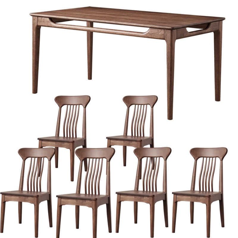 Dining Room Rectangular Simple Table 6 - Person Walnut Solid Wood Solid Wood Top Four Leg Dining Set