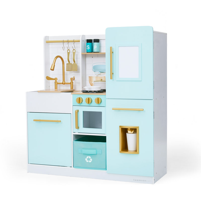 Teamson Kids Wooden Play Kitchen with Built-in Icemaker, Magnetic Dry-Erase Board & Accessories Set