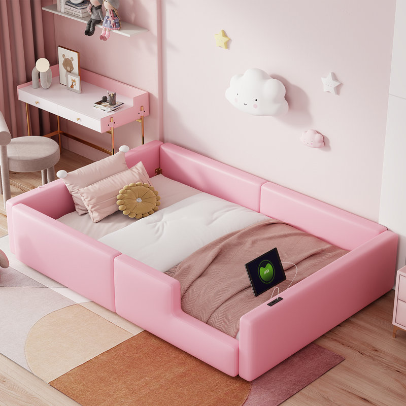 Twin Size Upholstered Platform Bed With Guardrail And Charging Station, Pink, Pink