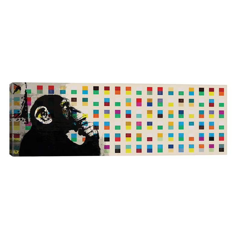 The Thinker Monkey Colour Dots Panoramic - Wrapped Canvas Panoramic Print, 30.48 cm H x 91.44 cm W x 3.175 cm D
