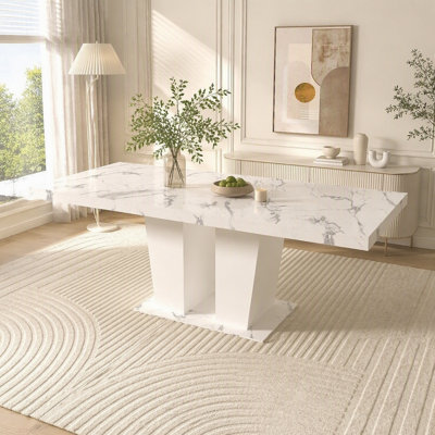 Extendable Dining Table for 6-10 with Modern White Faux Marble Design