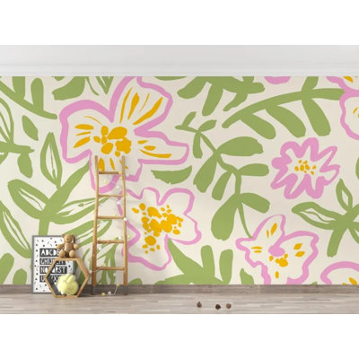Papier peint floral doux - Motif botanique rose pastel et vert