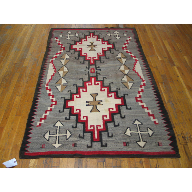 Antique Gray Background Tribal Geometric Flatwoven Native American Navajo Rug