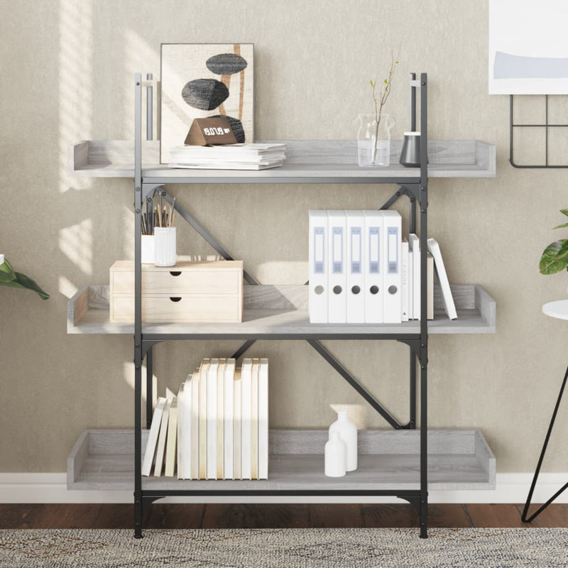 Sandre 100cm W Metal Bookcase, (3 Shelves) 108.5cm H x 100cm W x 33cm D, Grey Sonoma