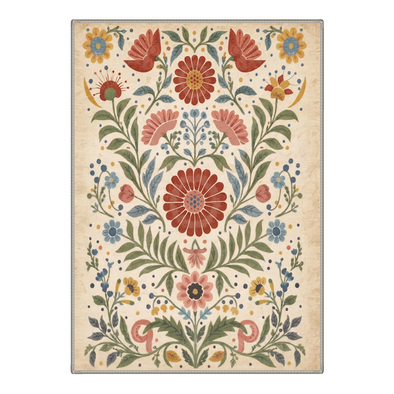 Art Floral Beige / Terracotta / Sage Machine Washable Indoor Area Rug With Non-Slip Backing, Rectangle 9' x 12'