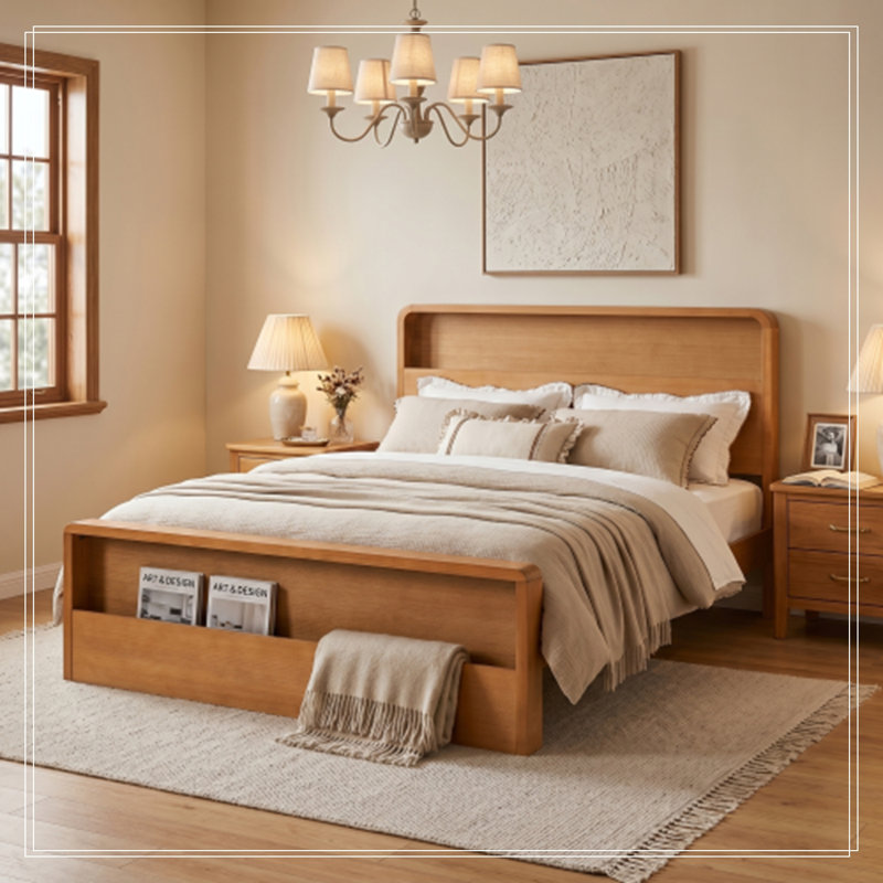 Cadre de lit Rigsby en bois pour lit queen size avec tête et pied de lit à double rangement ouvert, Grand lit