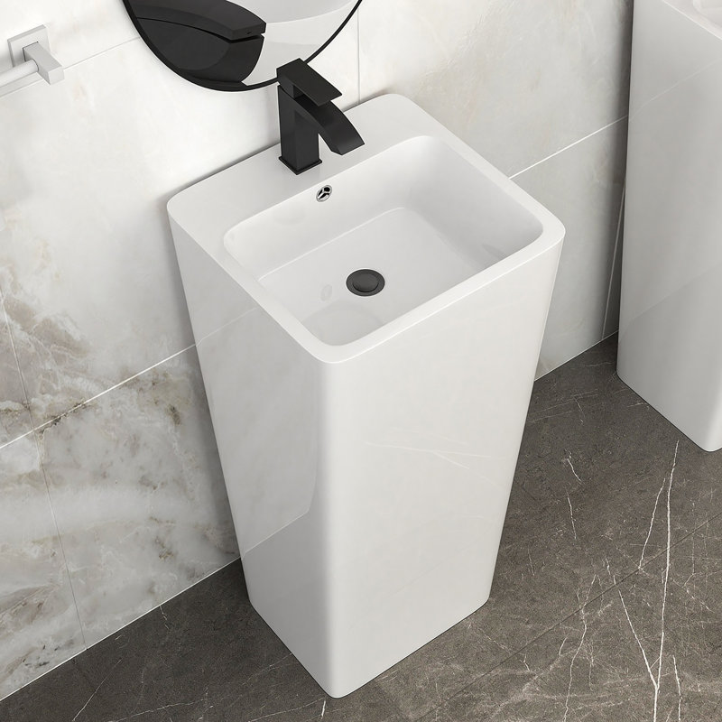 16" Classic White Ceramic Pedestal Sink Bathroom Sink Basin, Space-Saving Design For Powder Rooms, Kids' Bathrooms & Boutique Hotels"
