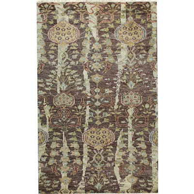 5x8 Brown Hand-Knotted Wool Striated Earth Tones Harshang Crab Modern Contemporary Carpet Rug