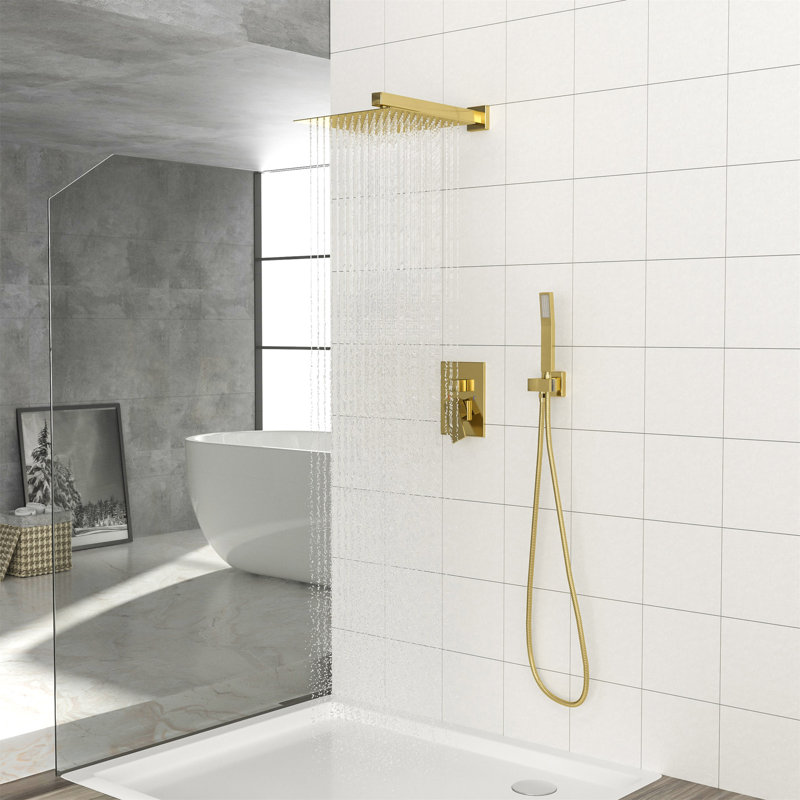 Pomme de douche double - Système de douche carré mural de 12 pouces avec valve brute, Doré