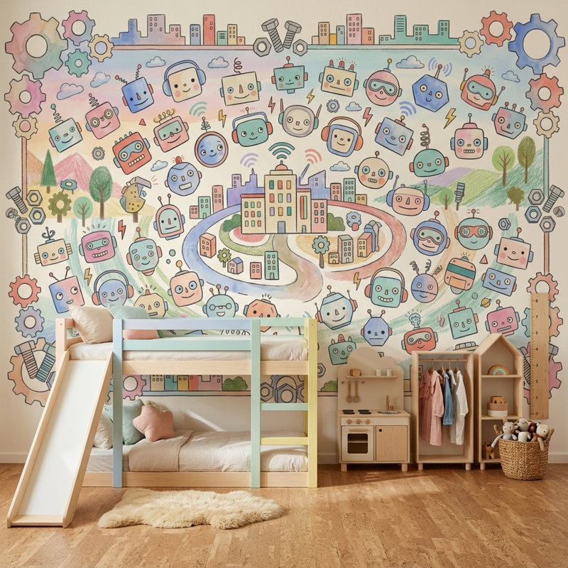Décoration murale amovible Robots, 140 po x 108 po, Peler et coller