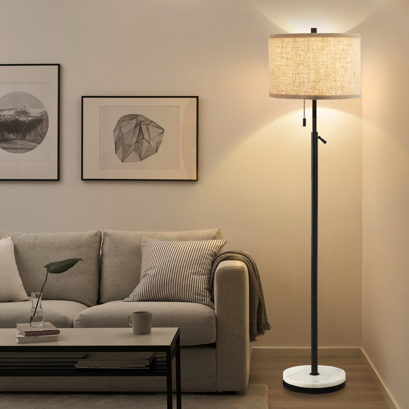 Lampe sur pied en marbre moderne de 64 po Vondell à hauteur réglable avec interrupteur à chaîne, Noir / marbre blanc