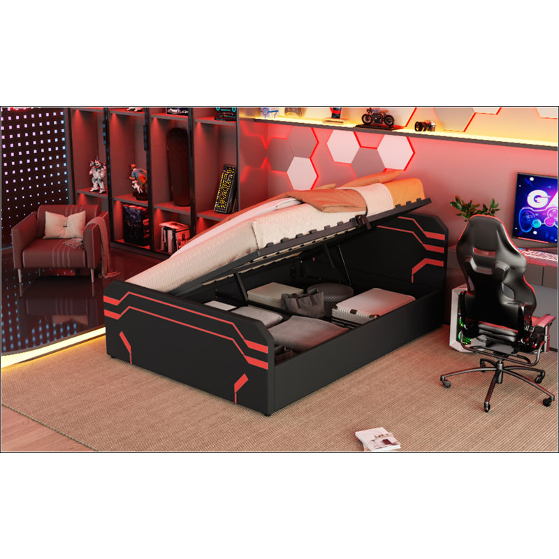 Grand lit rembourré avec rangement hydraulique pour les joueurs et la génération Z, Black+Red