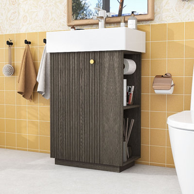 Meuble-lavabo autoportant avec lavabo en céramique, tablettes ouvertes et armoire à fermeture en douceur