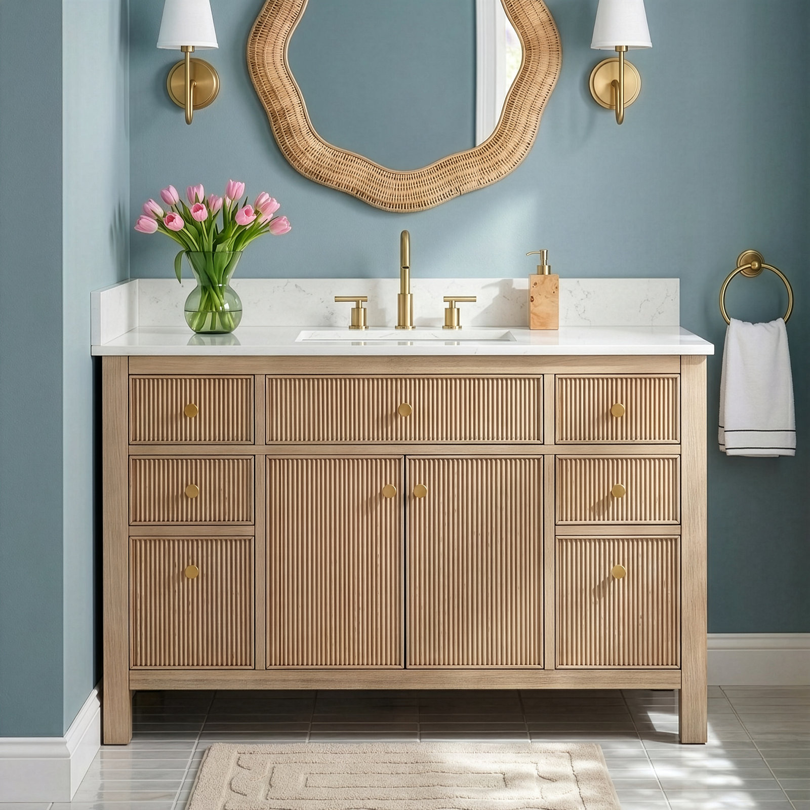 Lala 48" Single Bathroom Vanity with Grain White Engineered Stone Countertop without Mirror, Nature Oak