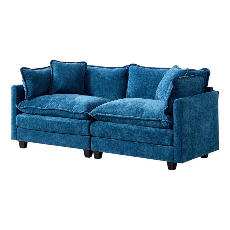 Causeuse rembourrée en chenille l 78 po Geneveve avec 4 coussins et coussins en mousse compressée, Bleu, 2