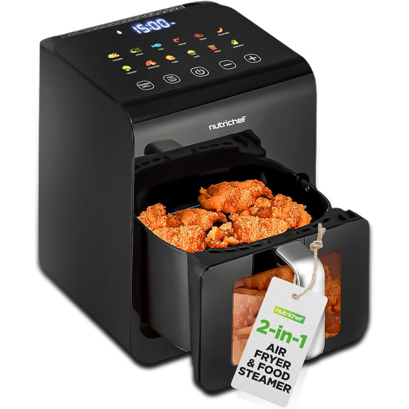Nutrichef 6 Liter Electric Air Fryer & Food Steamer Function | 12-1 Preset Cooking Functions, Fries, Chicken, & More | Transparent Window & Food Steaming Option For Best Cooking Results | Black