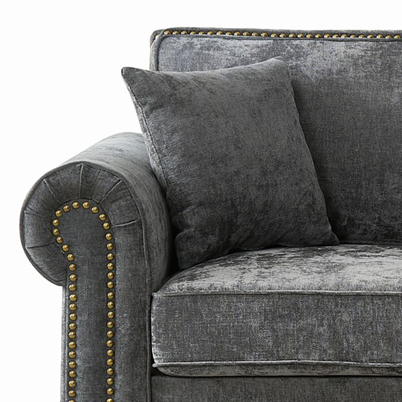 Canapé 3 places en tissu chenille avec garniture cloutée et accoudoirs roulés, Grey