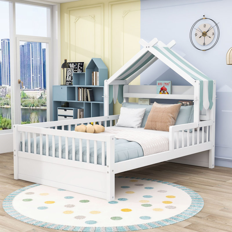 Wooden House Bed with Safety Guardrail, Full, White