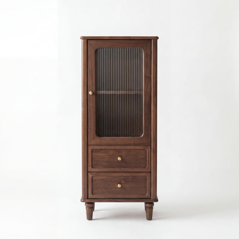 15.75"H Black Walnut Traditional Bookcase with Fluted Glass Door, Drawers
