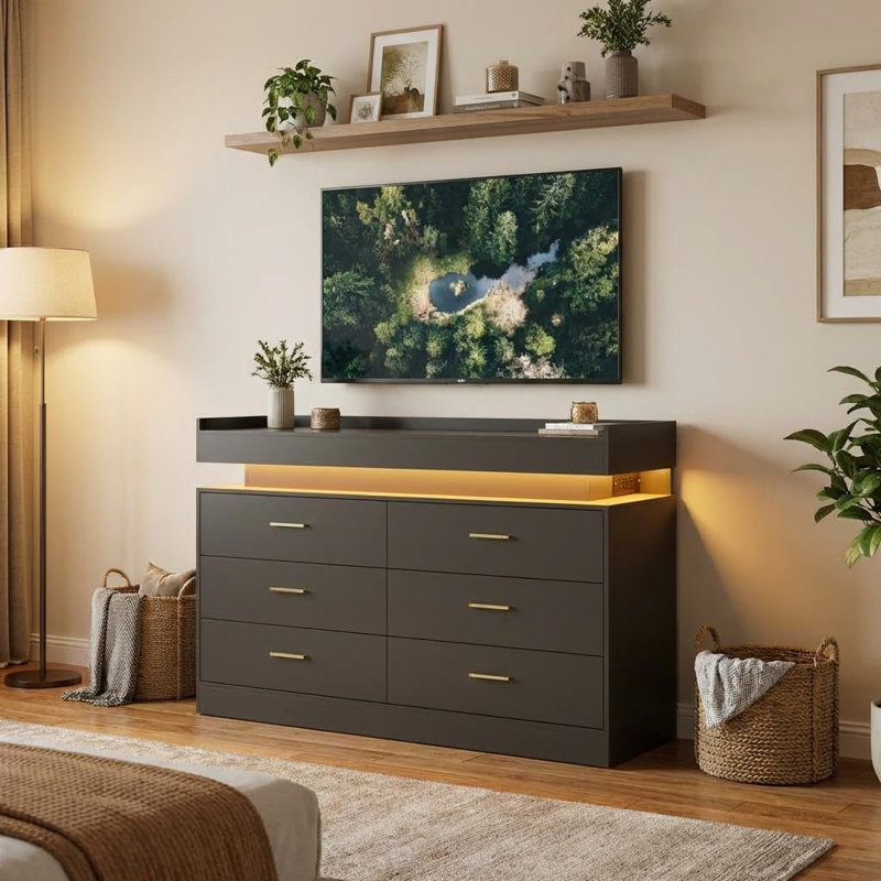 Commode de meuble télé moderne avec lumières DEL et station de charge, armoire flottante à 6 tiroirs, Noir