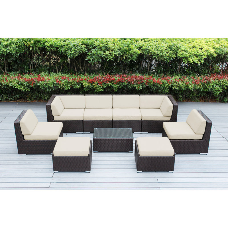 Ensemble de conversation en osier pour 8 personnes avec coussins - aucun assemblage, Brun foncé, Sunbrella - beige antique