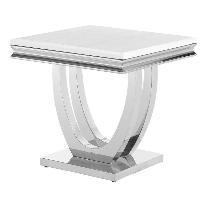 Table de bout Durante en blanc et chrome avec plateau en faux marbre Durante