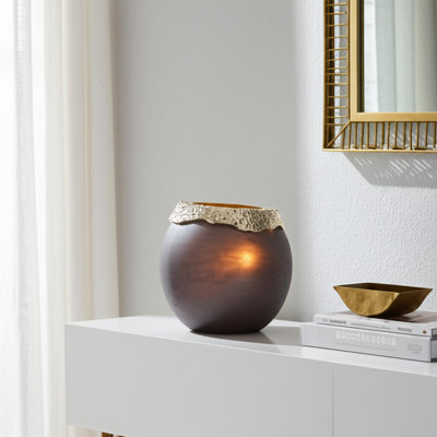 Pillar Holder Glass Aluminum Glam Style Elegant Decorative Taper Candle Holder with Sculptural Form and Textured Metallic Rim for Modern Versatile Accent Display