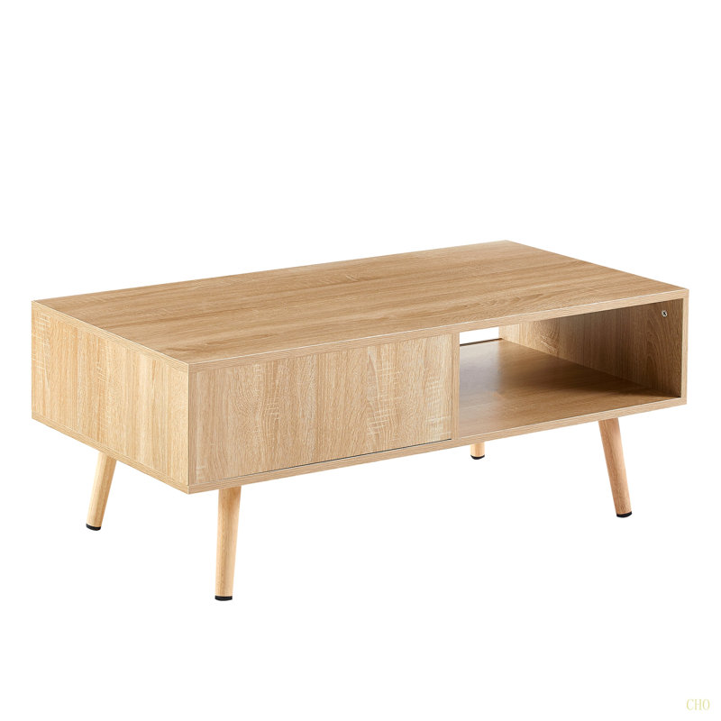 Table basse en rotin de 41,34 pouces avec porte de rangement coulissante et pieds en bois massif pour les salons modernes