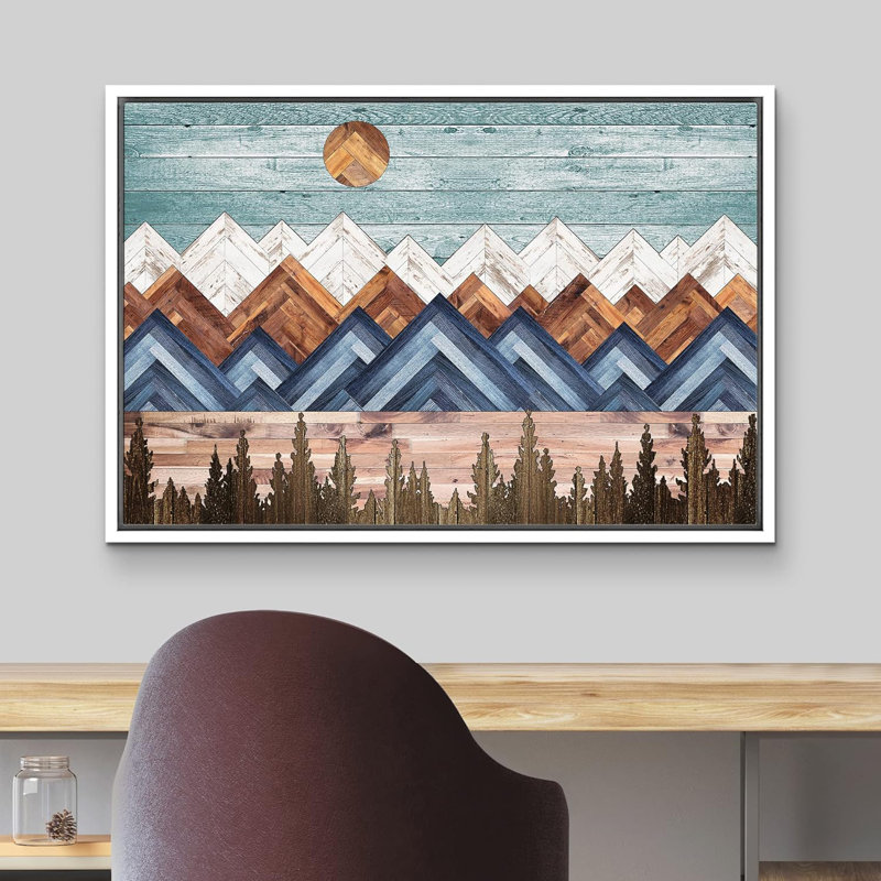 «Western Wood Effect Landscape Sun Mountain Forest», impression sur toile, Cadre flottant blanc, H 24 po x l 36 po x P 1,5 po