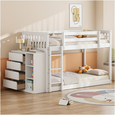Lit superposé simple au-dessus de simple avec 4 tiroirs et 3 tablettes - blanc