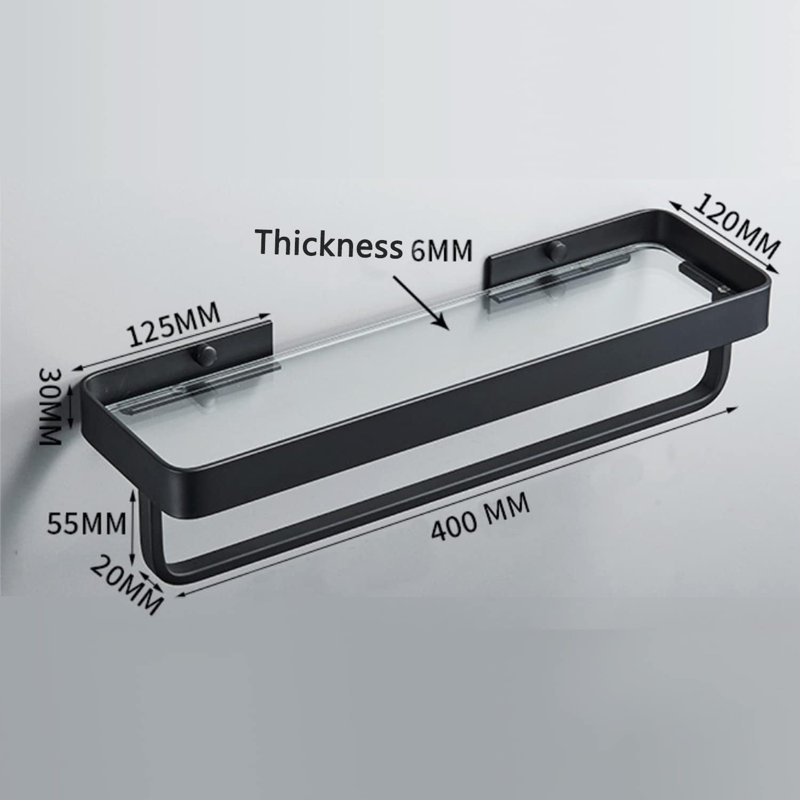 Étagères murales en verre pour salle de bain avec barre à serviettes, tablettes flottantes en aluminium noir à 2 niveaux pour le rangement et la décoration