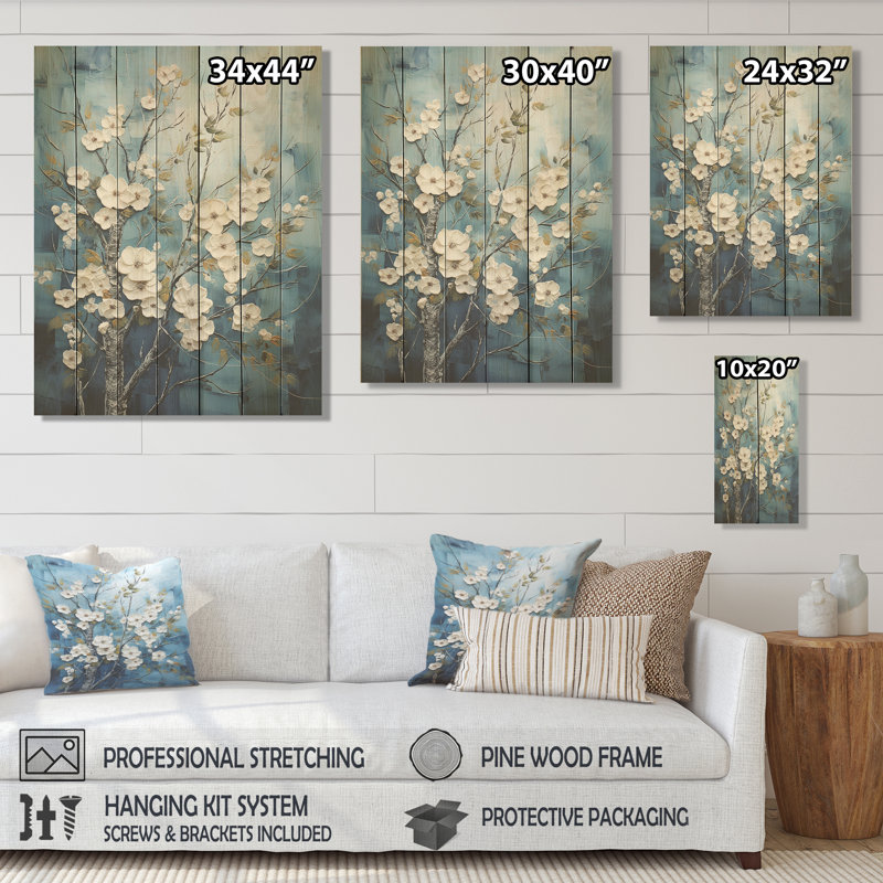 Fleurs d'hiver blanches et bleues - Forêt sur bois, H 32 po x l 24 po
