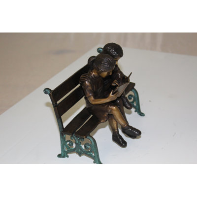 Two Kids on Bench Reading a Book Bronze Statue, Naiara Elegant Modern Home Sculpture, 9"Lx 6"W x 8"H