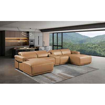 Cognac  5-Piece U-Shaped Sectional In Top-Grain Italian Leather With 2 Power Recliner & Adjustable Headrests