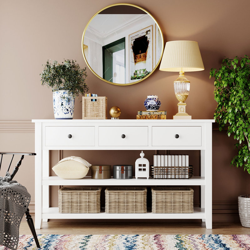 Spark Wooden Console Table with 3 Drawers & 2 Open Shelves, Antique White